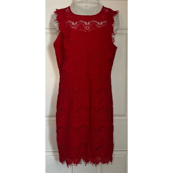 Red Lace Overlay Bodycon Dress (Size L) - Picture 1 of 7